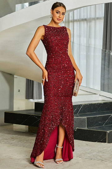 ZAPAKA Women Sparkly Burgundy Long Formal Dress Mermaid Sleeveless Boat Neck Sequins Gala Dress